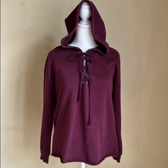 Ultra Flirt hoodie pullover top. Lace up front. Burgundy. Cotton blend. Size M - Picture 1 of 7